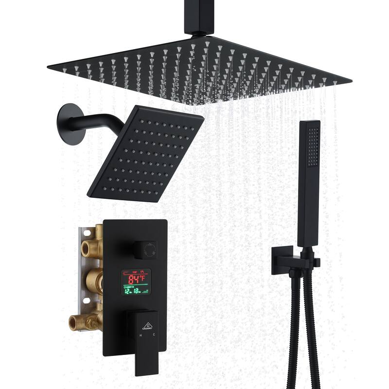 CASAINC Dual Heads 12 Inch Ceiling Mounted Square Shower Head Shower System with Handheld Shower Digital Display Shower