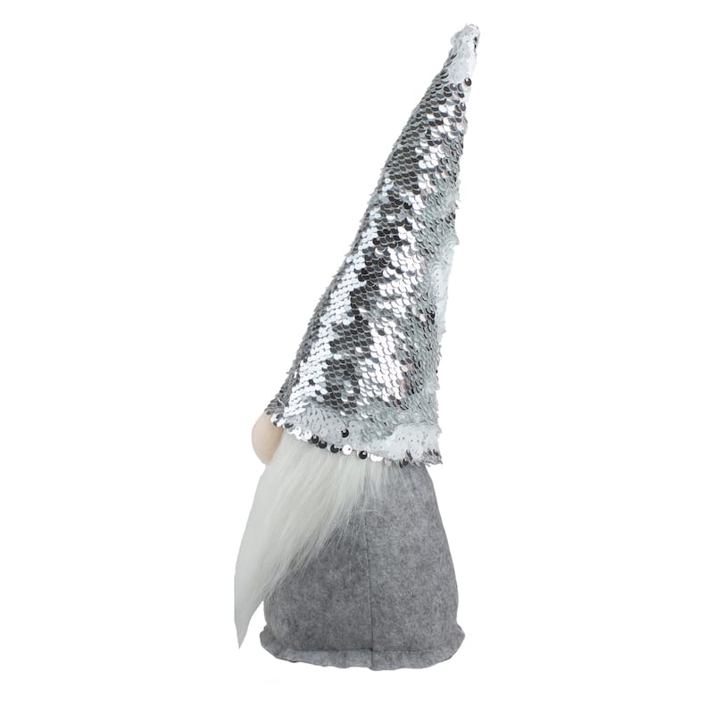 Standing Christmas Gnome with Flip Sequin Hat - 14" - Silver and Gray