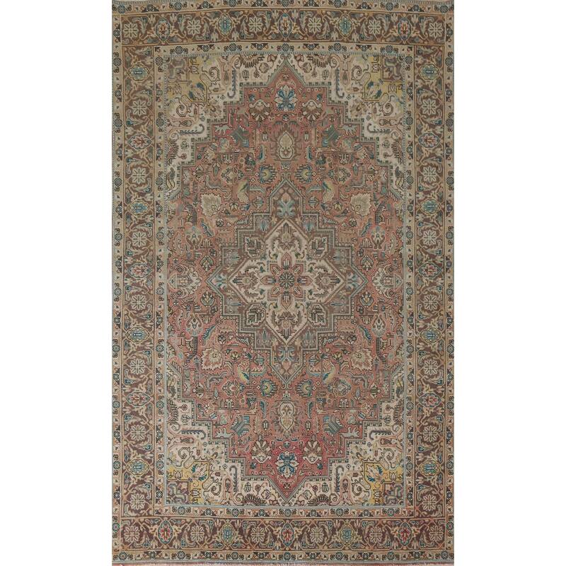 Hand Knotted Oriental 100% Wool Carpet Traditional Medallion Pink Tabriz Area Rug - 9' 7'' X 6' 4''