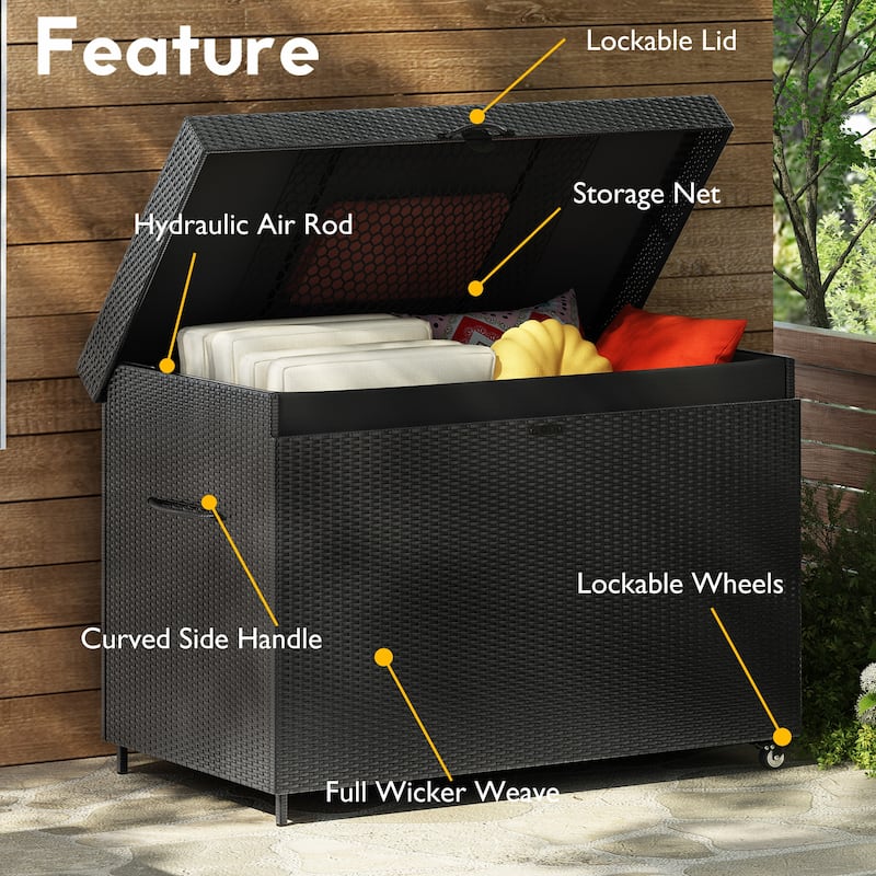 230 Gallon Wicker Deck Box with Wheels,All-Weather Outdoor Storage Box,Rattan Storage Bin for Patio Furniture