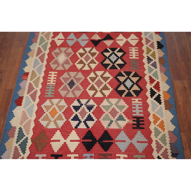 Geometric Kilim Qashqai Persian Vintage Rug Hand-Woven Wool Carpet - 3'4"x 4'10"