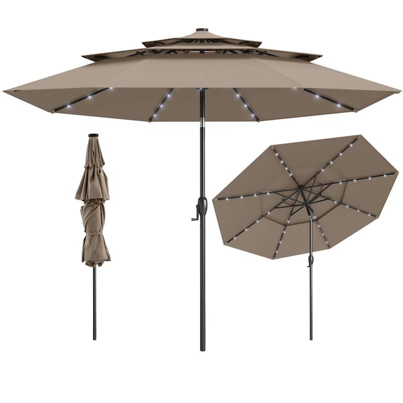 Gymax 10 FT Solar Patio Umbrella w/ 32 LED Lights 3-Tier Vented Top - Taupe