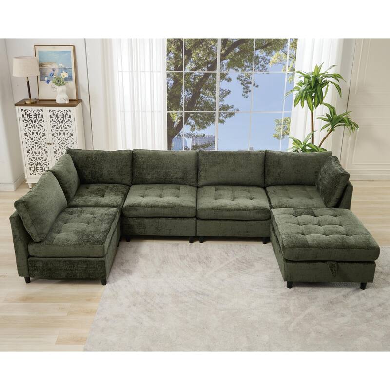 128" Chenille U-Shaped Modular Sectional Sofa with Ottoman