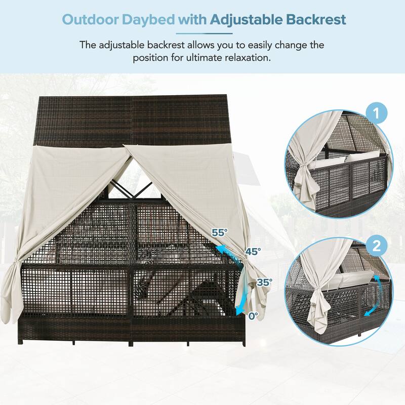 Outdoor Patio Rattan Daybed Sunbed with Triangle Tent, Adjustable Backrest, and Curtains