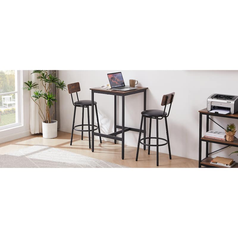 Industrial-Style 3-Piece Bar Table Set with Upholstered Stools, Rustic Woodgrain Tabletop, and Space-Saving Design