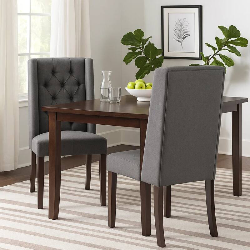 Nathan Dining Chair Set of 2, Dark Brown Wood, Tufted Gray Wingback