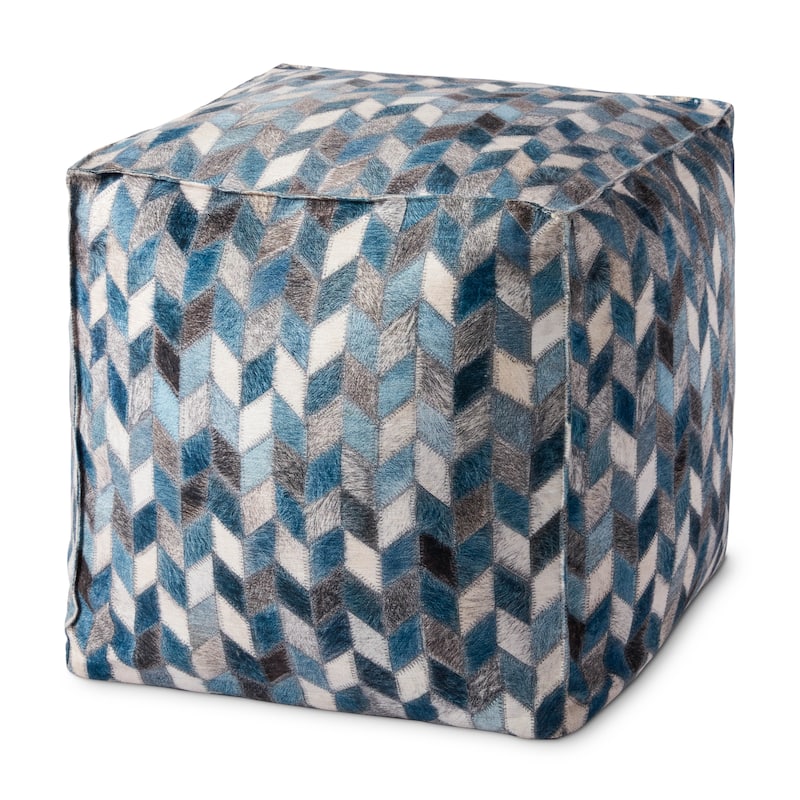 Alexander Home Bryce Faux Fur Geometric Pouf - Ivory / Blue / Grey - 18"W x 18"D x 18"H