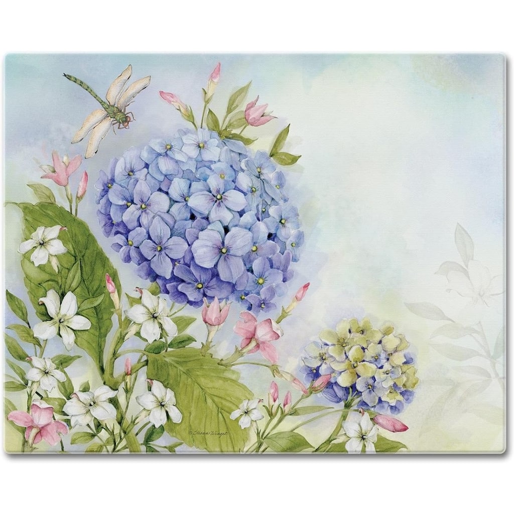 Nature's Grace Dragonfly Hydrangea 3mm Heat Tolerant Tempered Glass Cutting Board 15” x 12” Made in the USA Dishwasher Safe