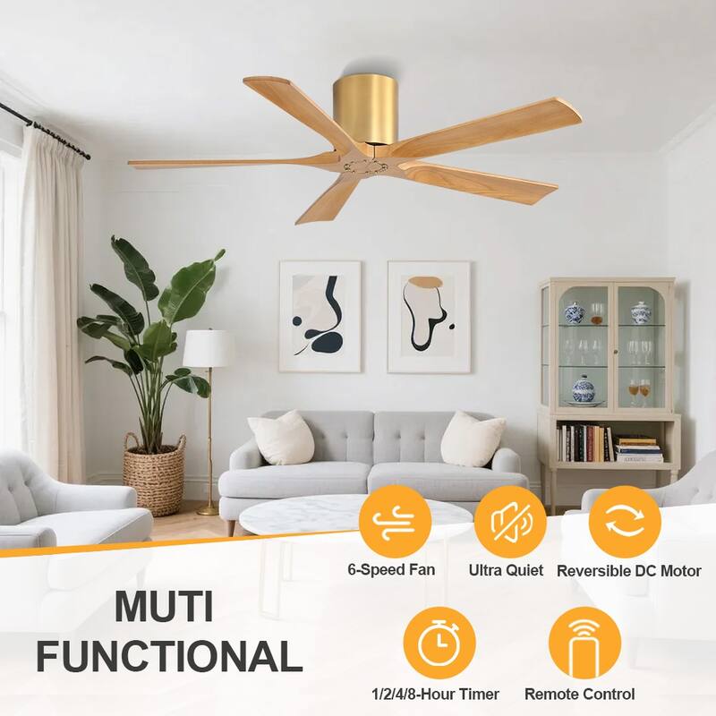 WINGBO 52" Solid Wood DC Motor Integrated LED Hugger Ceiling Fan with Remote