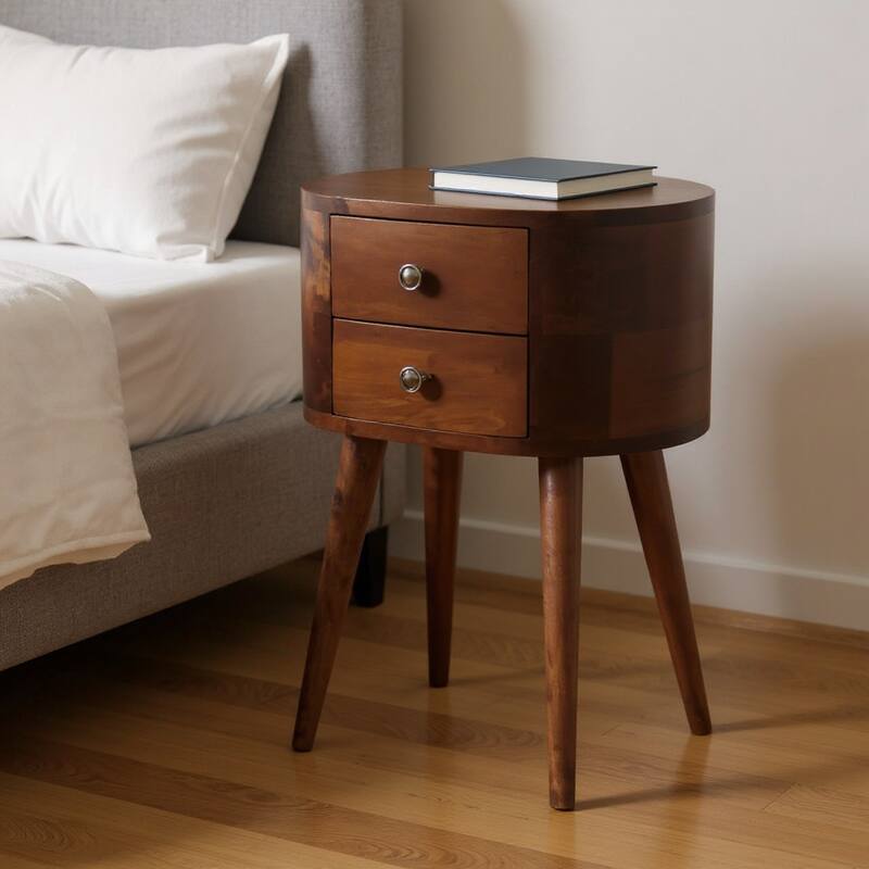 HomeRoots 20" Brown Solid Wood Oval Distressed Two Drawer Nightstand - Brown - 2-drawer