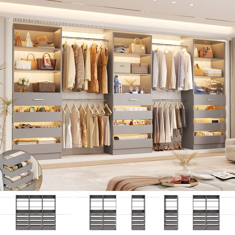 140'' Walk-in Closet Organizer System with 12 Drawers ＆ 4 Hanging Rods, 8.5-11.5FT Wooden Wardrobe Clothes Rack with 3 Towers - Grey