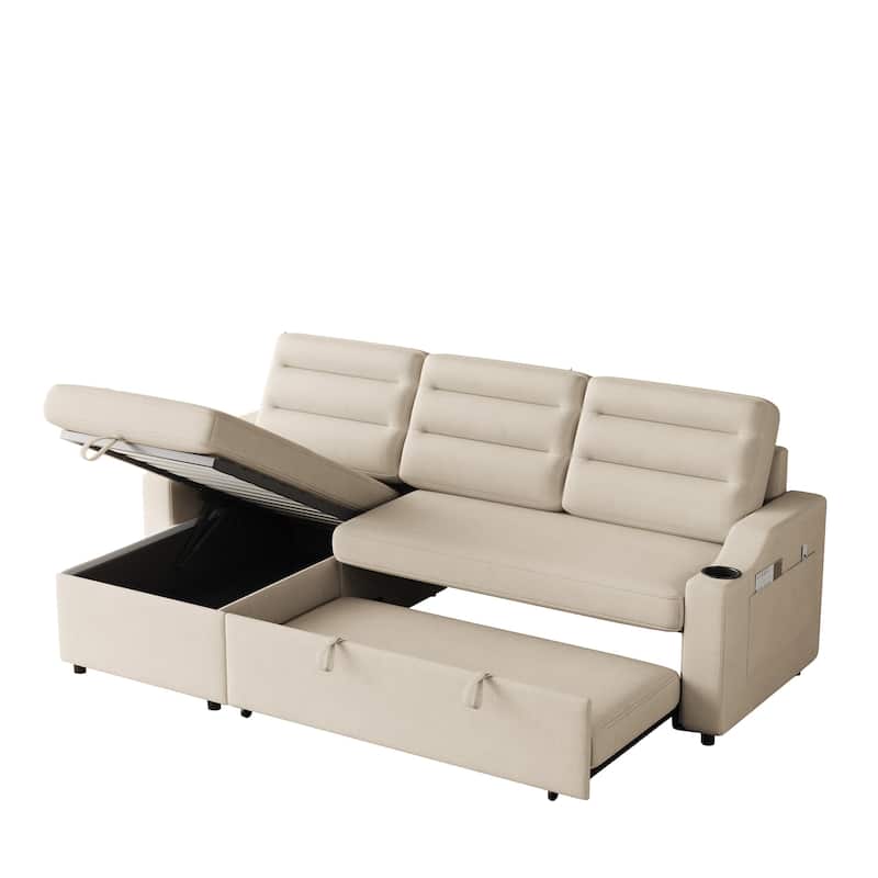 83.5" Fabric Convertible 3-Seater Sleeper Sofa with Pull-Out Bed, Recliner, Storage Pocket, and Cup Holder