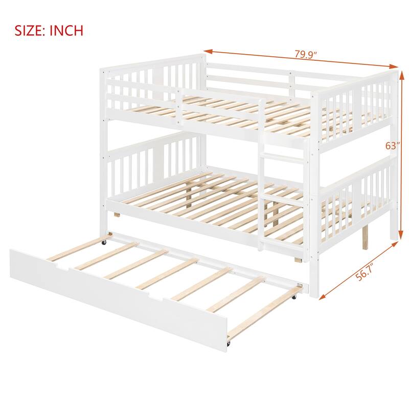 Full Size Wood Bunk Bed with Twin Size Trundle and Ladder, Divided Into 2 Individual Beds, Full Over Full Bunk Bed Frame