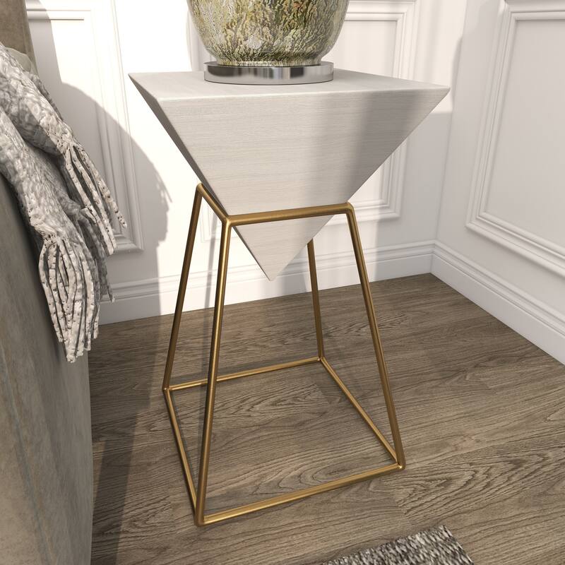 Minimalist Wood Inverted Pyramid Geometric Accent Table with Metal Stand - White or Black