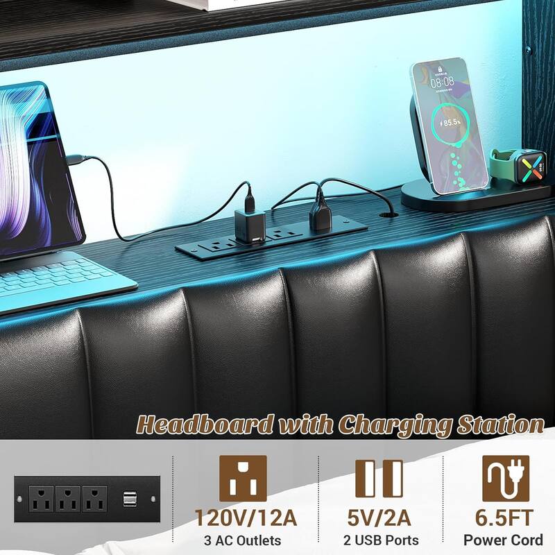 Upholstered Headboard with Drawer Storage and RGB LED Light, Sturdy Headboard with Charging Station ＆ Bookcase