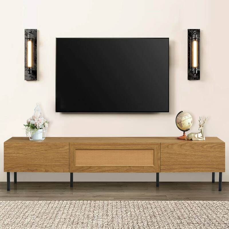 Boho TV Stand for TVs up to 80'', Rattan TV Stand with 3 Pull-Down Cabinets, Entertainment Center with Metal Legs, Media Console