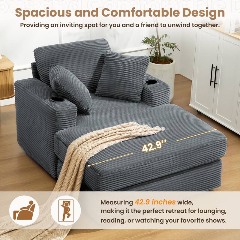 Chaise-Style Corduroy Sofa with Cup Holders and 3 Back Cushions - Reclining Lounge Design