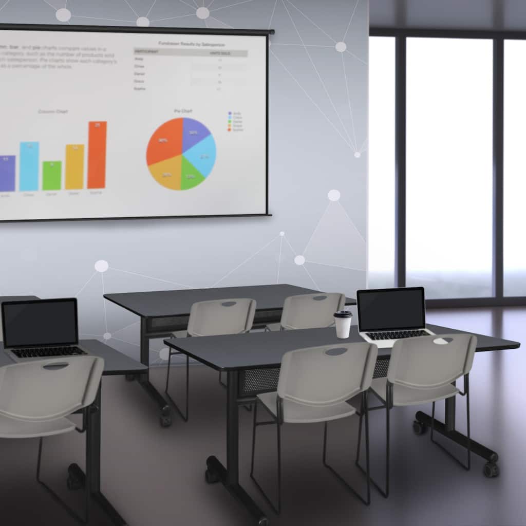 48" x 30" Flip Top Mobile Training Table with Modesty Panel- Grey and 2 Stack Chairs- Grey