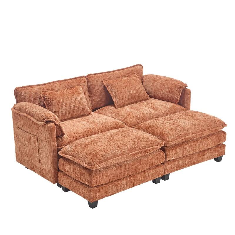 76.77" Chenille Upholstered Sofa with 2 Ottomans