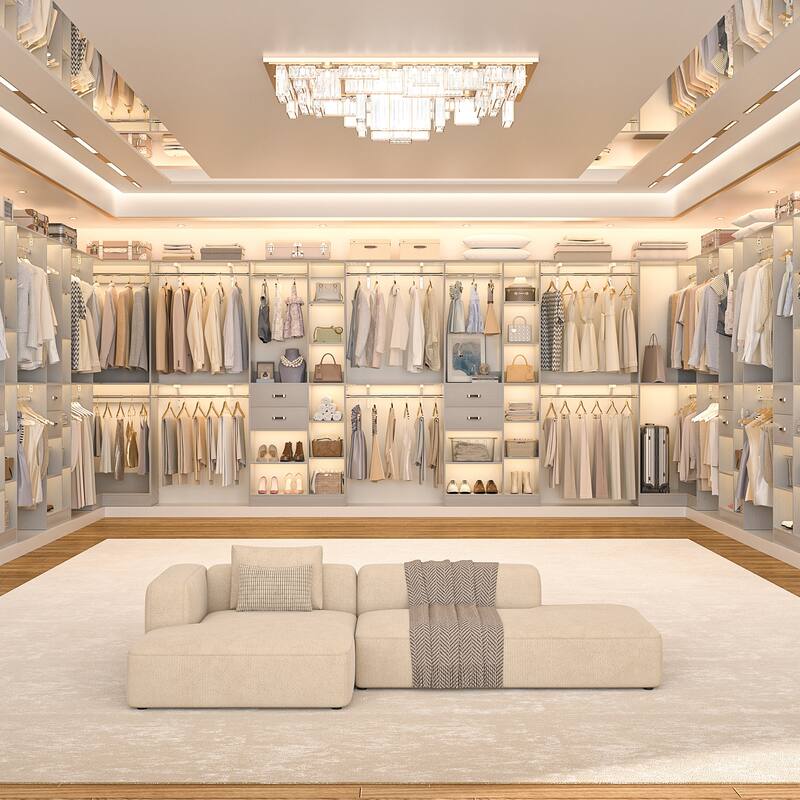 Rackcog 95'' - 188'' Closet System with Hanging Rods, Set of 3 Corner Closet Organizer with Drawers and Shelves