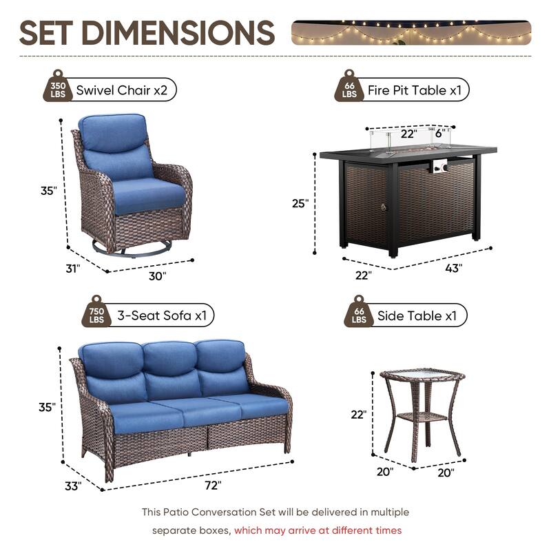 Pocassy 4/5 Piece Patio Sofa Furniture Set with 43" Fire Pit Table