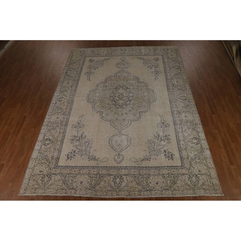 Traditional Tabriz Persian Vintage Beige Wool Carpet - 9'6" x 12'7"
