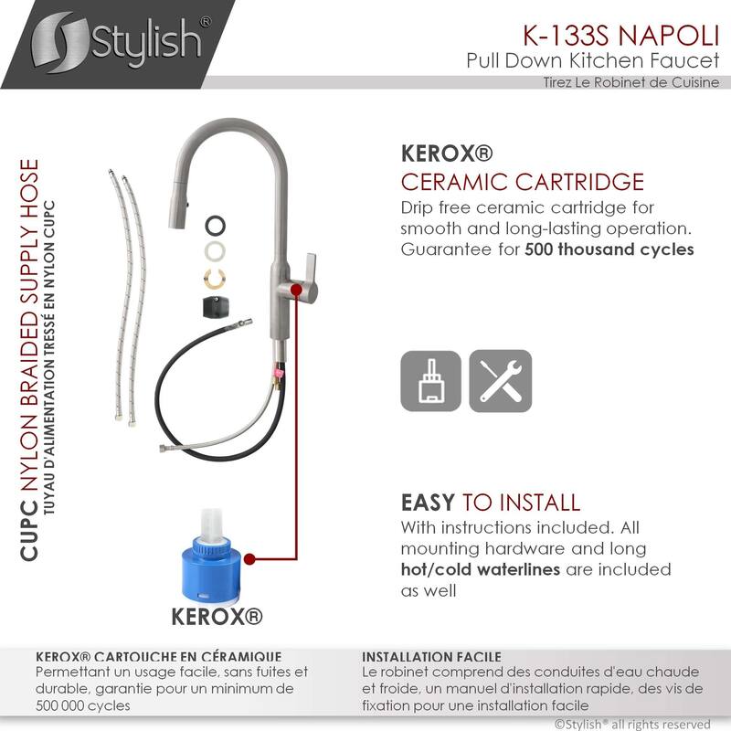 STYLISH Kitchen Sink Faucet Single Handle Pull Down Dual Mode in Stainless Steel