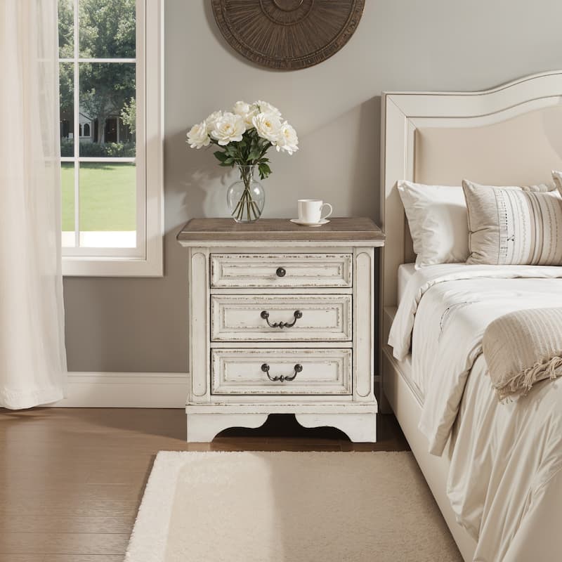 Farah 27 Inch Nightstand | 3 Drawers with Charging | Cottage Distressed White, Dark Bronze