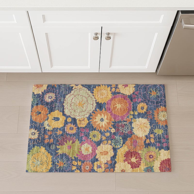 Machine Washable Indoor/ Outdoor Modern Floral Chantille Rug