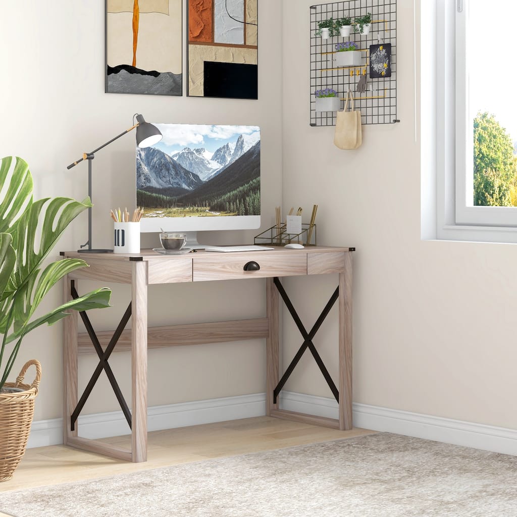 HOMCOM Industrial Retro Style Wooden Modern X-Frame Particleboard Study Desk w/1 Drawer Home Office Desk Oak Function Desks