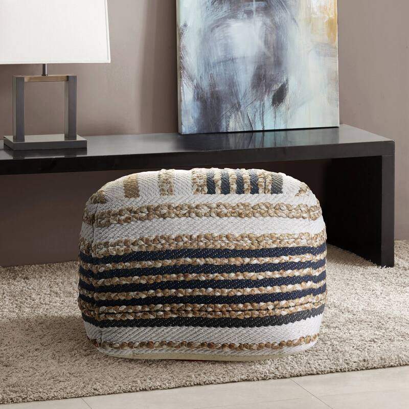 18" Brown and White Striped Jute Square Pouf Ottoman
