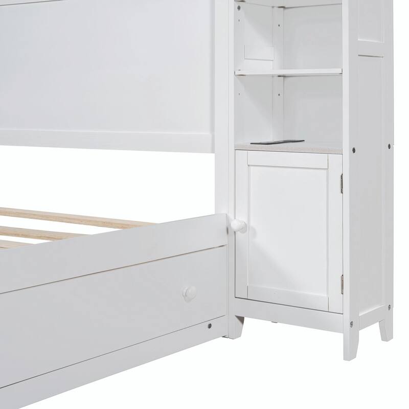 Wooden Bed with Built-in Cabinet, Shelf, and Sockets