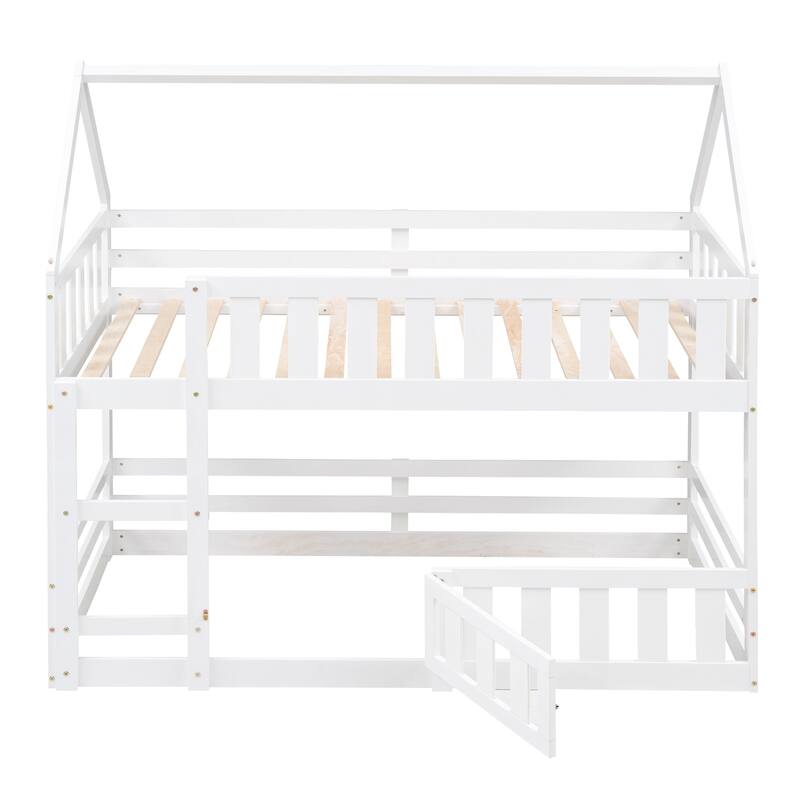 Twin over Twin House Bunk Bed with Fence and Door