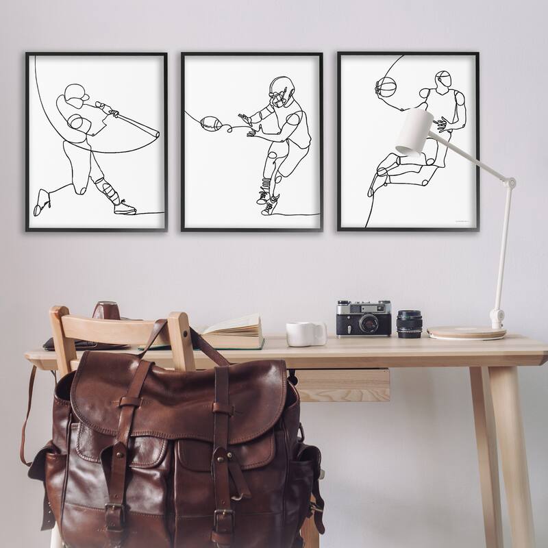 Stupell Simple Line Doodle People Playing Sports Baseball Football Basketball Framed 3 Piece Wall Art - Black