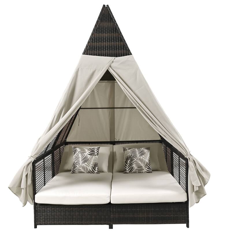 Outdoor Patio Rattan Daybed Sunbed with Triangle Tent, Adjustable Backrest, and Curtains