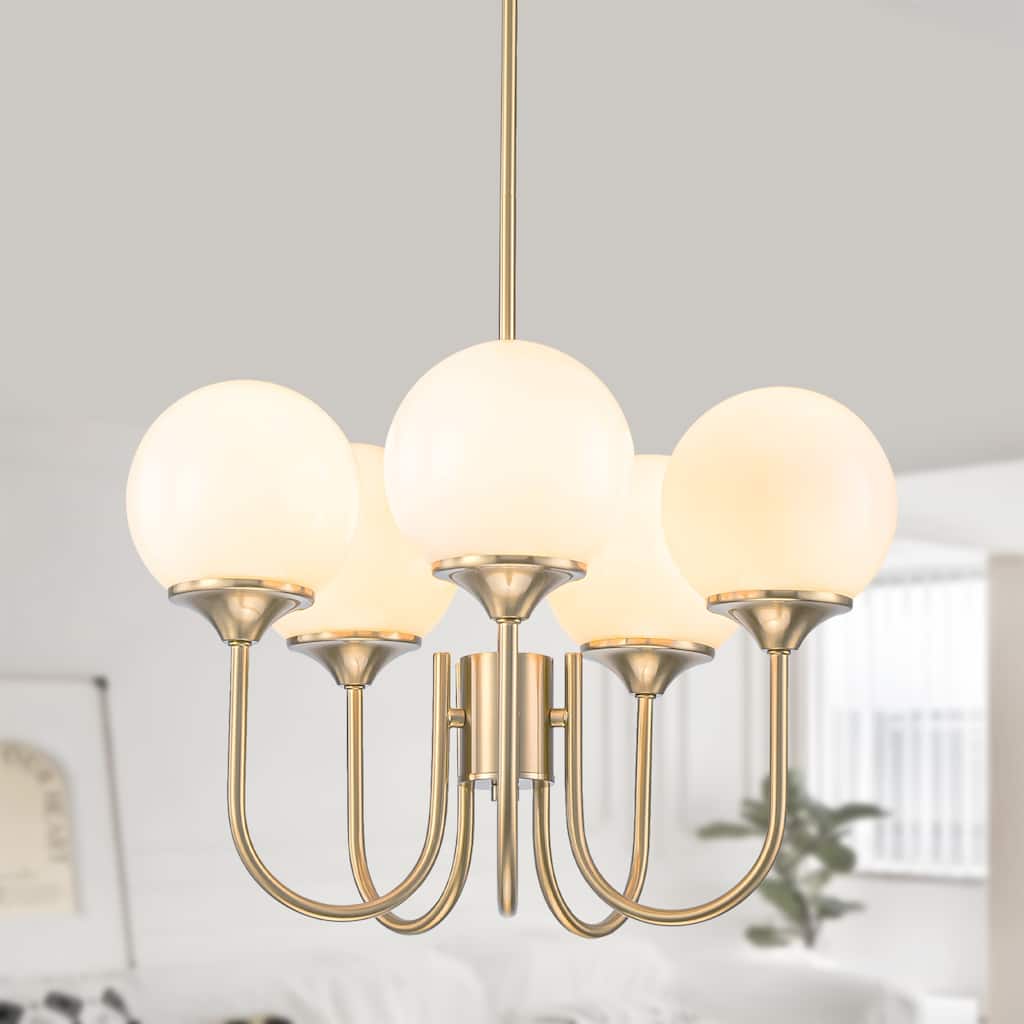 5 Light Gold Globe White Milk Glass Chandelier - 19.6 inch