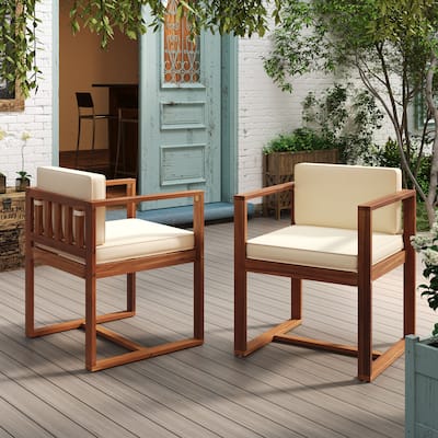 Roomfitters Outdoor Wooden Armchairs with Cushioned Back and Seat, Modern Patio Seating Set of 2