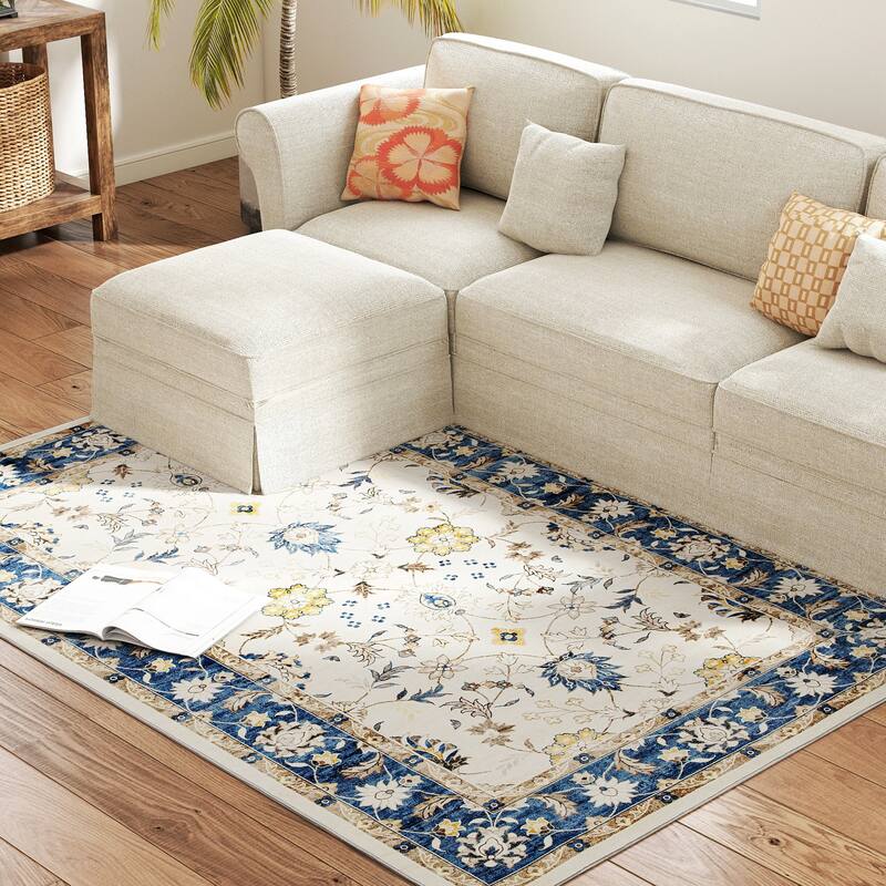 HOMCOM Area Rug 4x6, Machine Washable Rug, Non-Slip Boho Floral Print Floor Cover Foldable Carpet for Living Room - 3'6"
