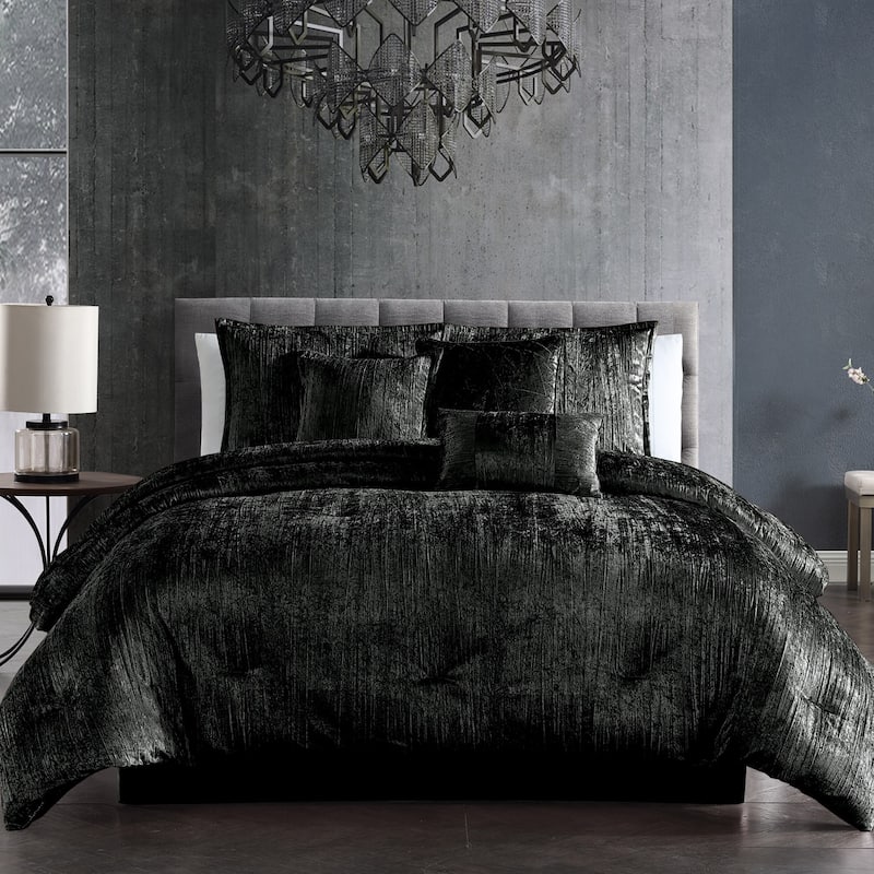 Riverbrook Home Turin Crinkled Velvet Comforter Collection - Black - Queen - 7 Piece