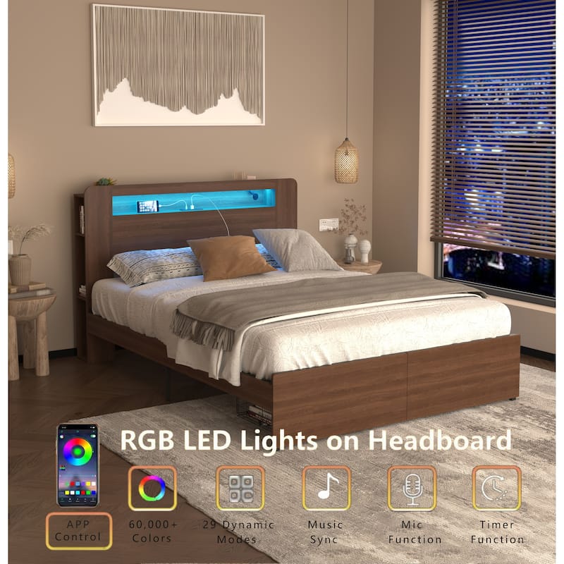 Full or Queen Wood Platform Bed Frame with LED Storage Headboard, Drawers, Charging Station, No Box Spring Needed