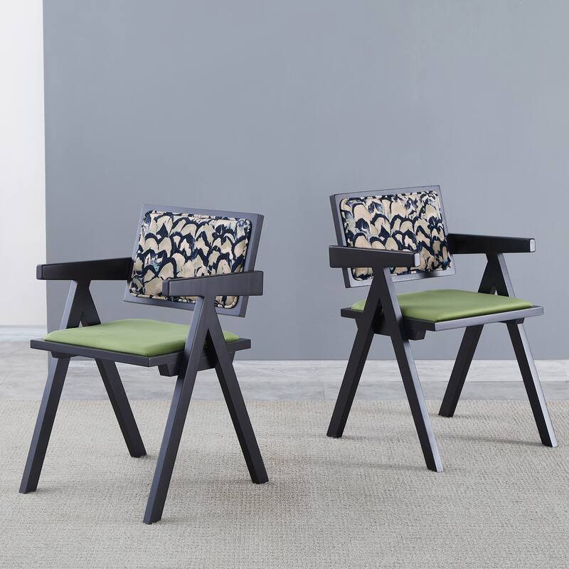 Modern 2 Piece Solid Wood Kitchen Dining Chair with Cushions, Backrests, Armrests for Dining Room Kitchen Living Room Bedroom - Black