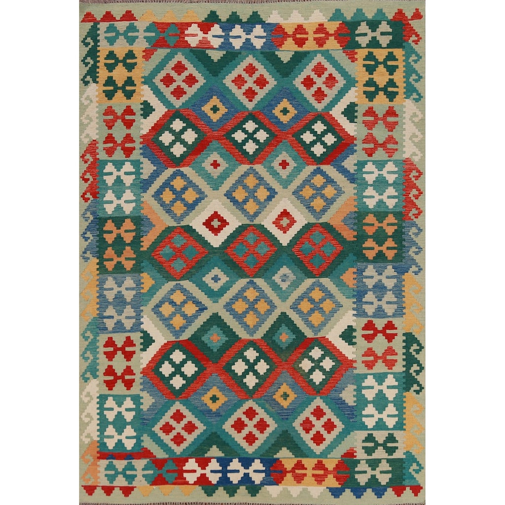 Hand Woven Oriental 100% Wool Carpet Southwestern Geometric Multi-Colored Kilim Area Rug - 8' 3'' X 5' 7''