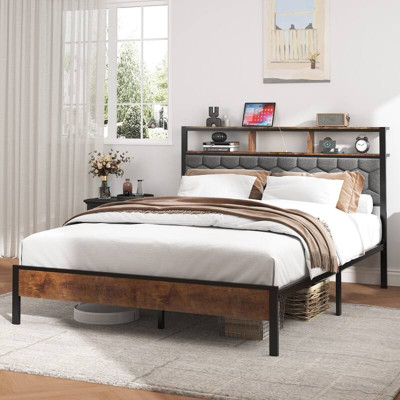 Roomfitters Wood Platform Bed Frame with Upholstered Headboard, Charging Station, No Box Spring Needed, Brown