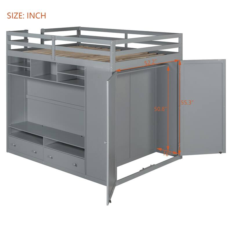 Full Size Loft Bed with TV Stand and Drawers, Teens Kids Storage Bed Frame with Shelves, Wardrobe and LED Light
