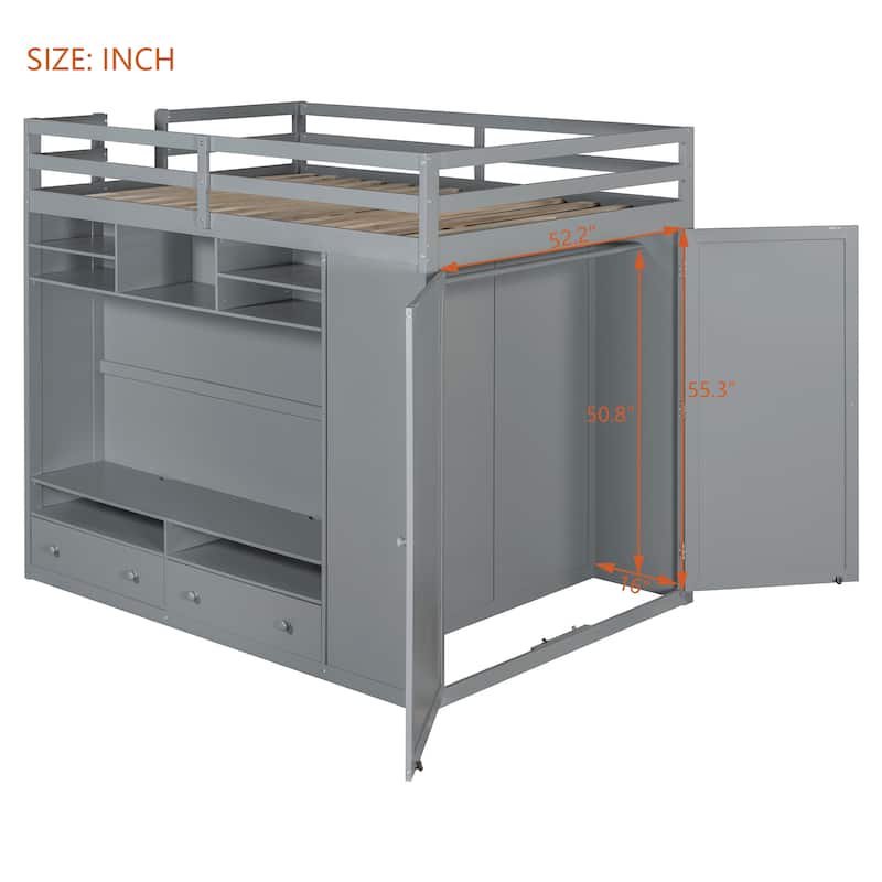 Roomfitters Full Size Loft Bed with Drawers, Shelves and Lighting