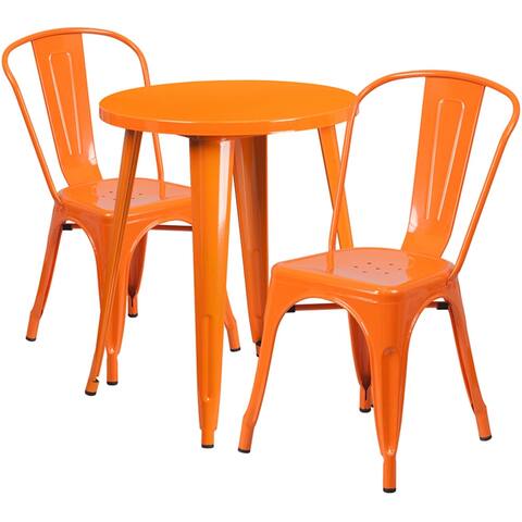 Offex Commercial 24" Round Orange Metal Table Set with 2 Cafe Chairs - 24"W x 24"D x 29"H
