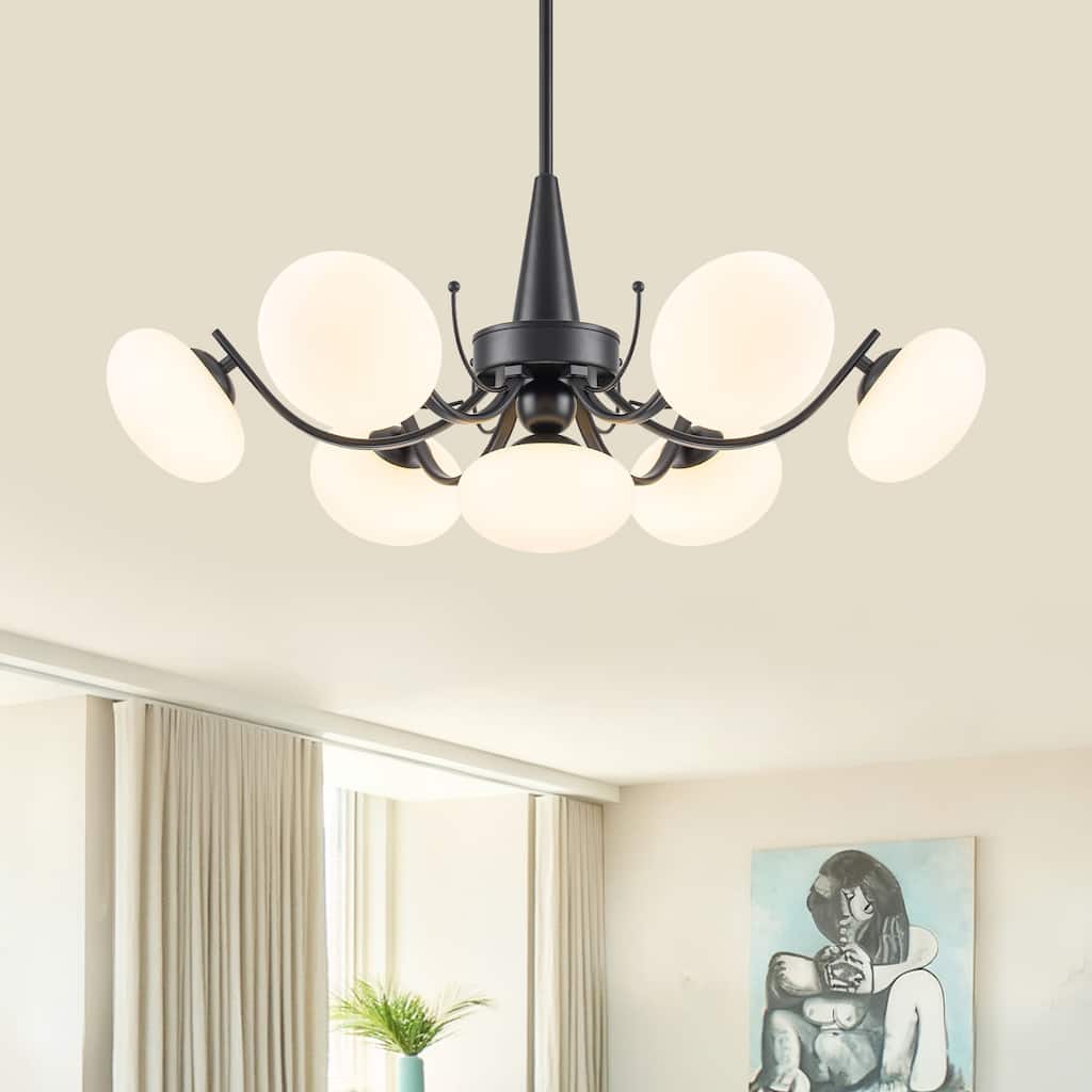 Black 7-Light Chandelier Opal Glass Globes Modern Semi-Flush Pendant - Dia.27.56 inch