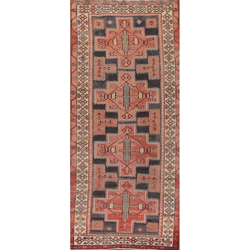 Geometric Pink Ardebil Persian Vintage Runner Rug Handmade Wool Carpet - 3'9"x 10'0"