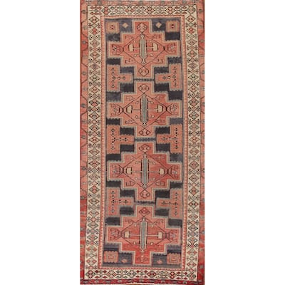 Geometric Pink Ardebil Persian Vintage Runner Rug Handmade Wool Carpet - 3'9"x 10'0"