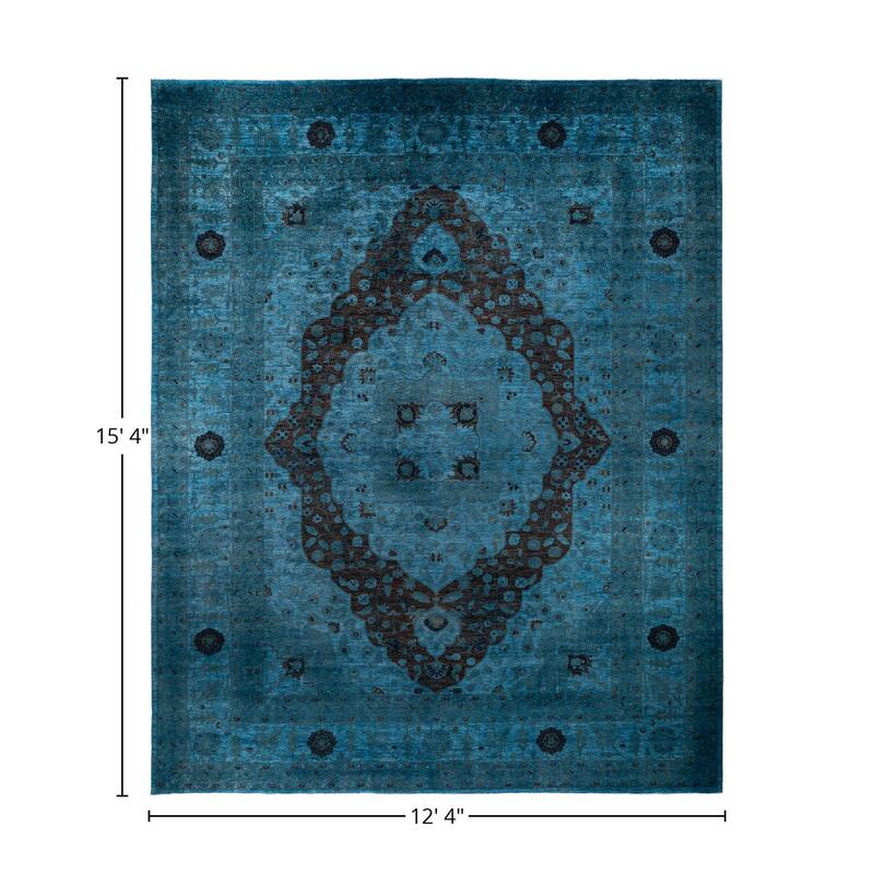 Overton Hand Knotted Wool Vintage Inspired Modern Contemporary Overdyed Blue Area Rug - 12' 4" x 15' 4"
